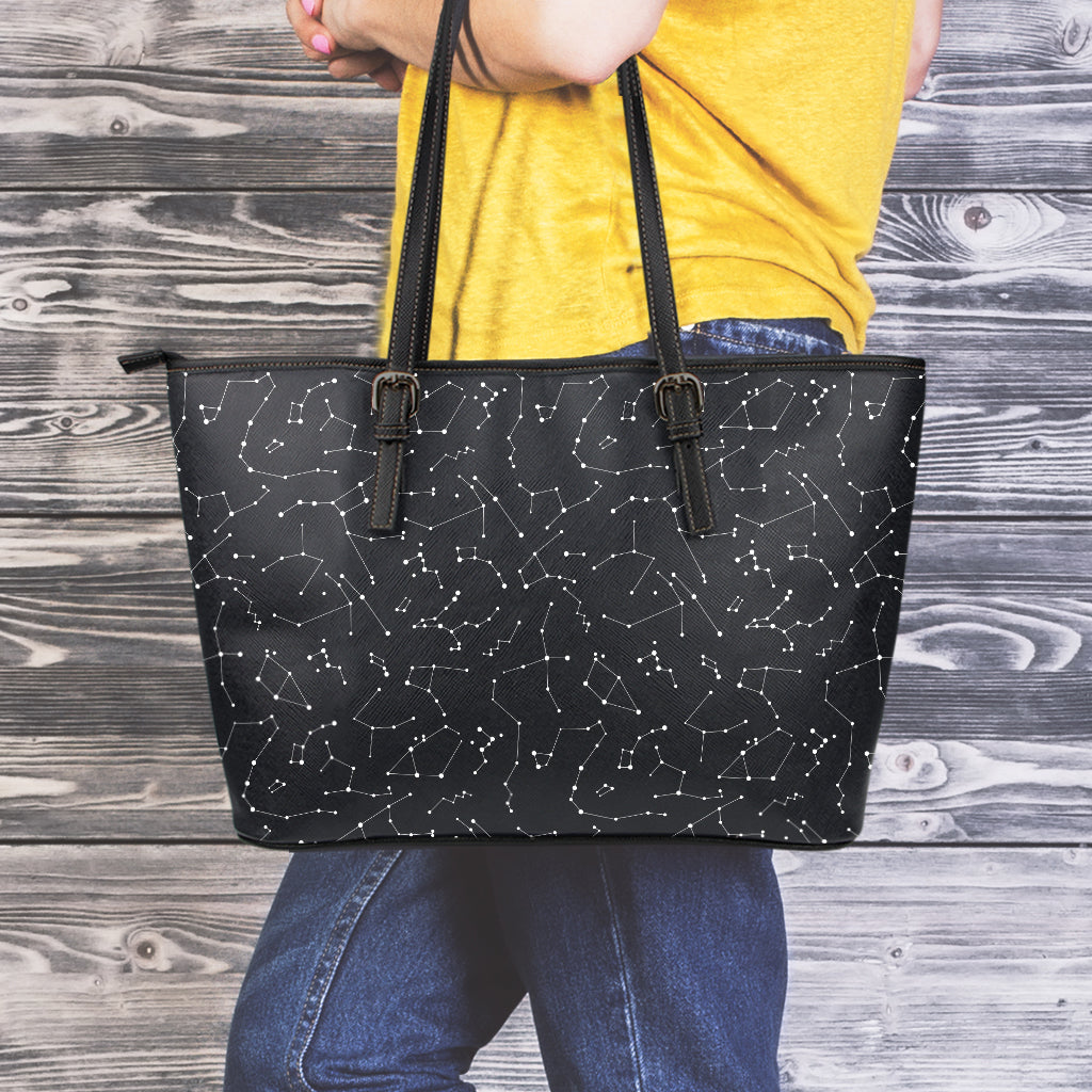 Black And White Constellation Print Leather Tote Bag