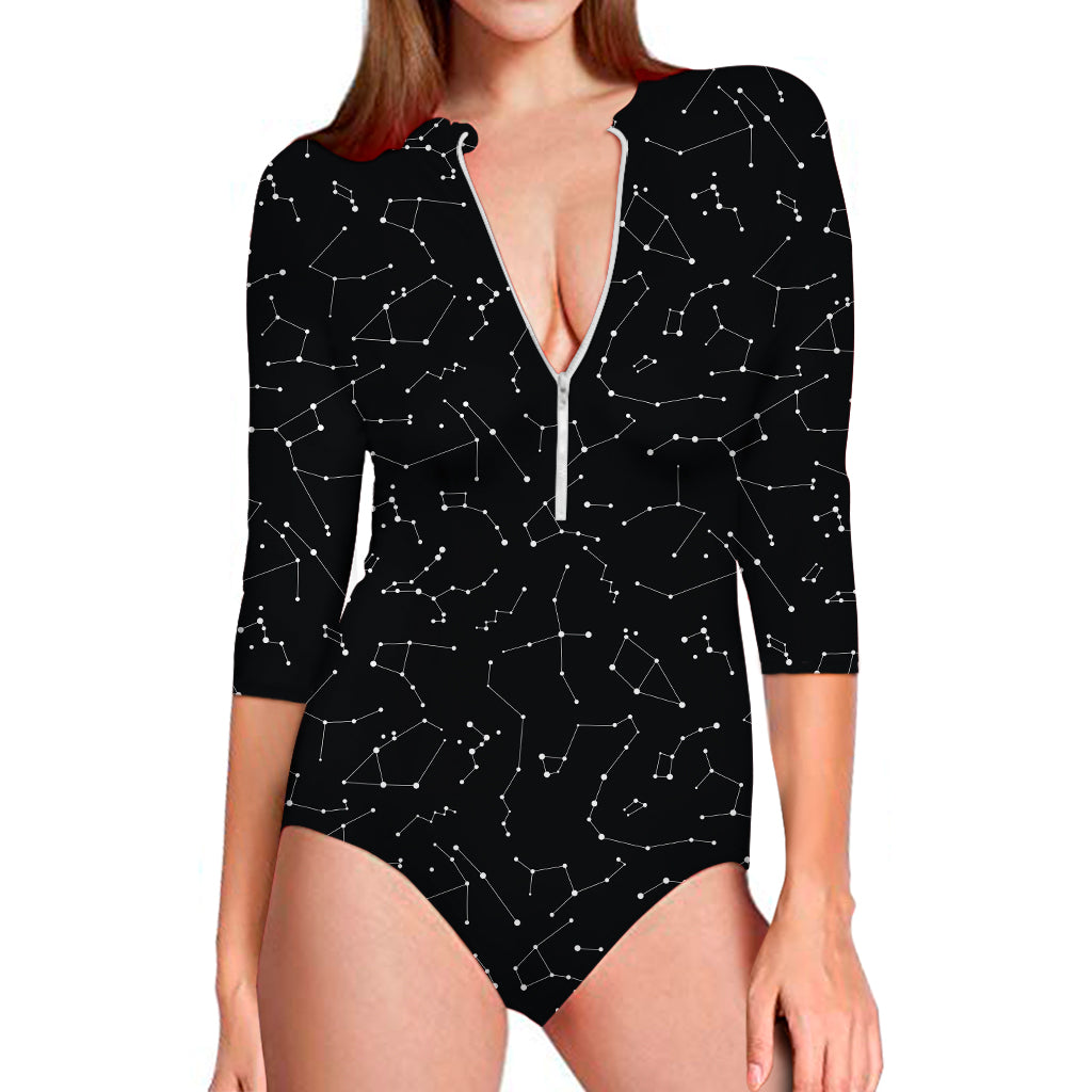 Black And White Constellation Print Long Sleeve One Piece Swimsuit
