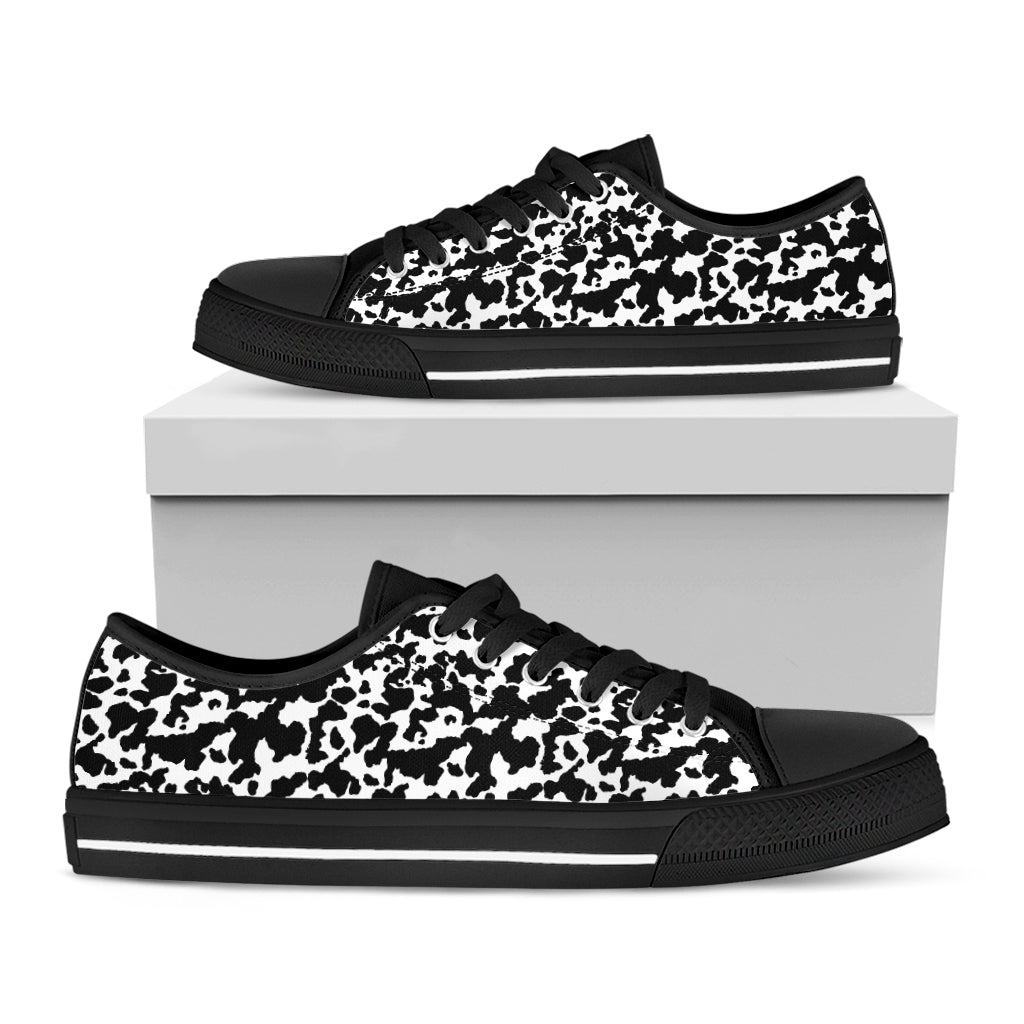 Black And White Cow Pattern Print Black Low Top Shoes