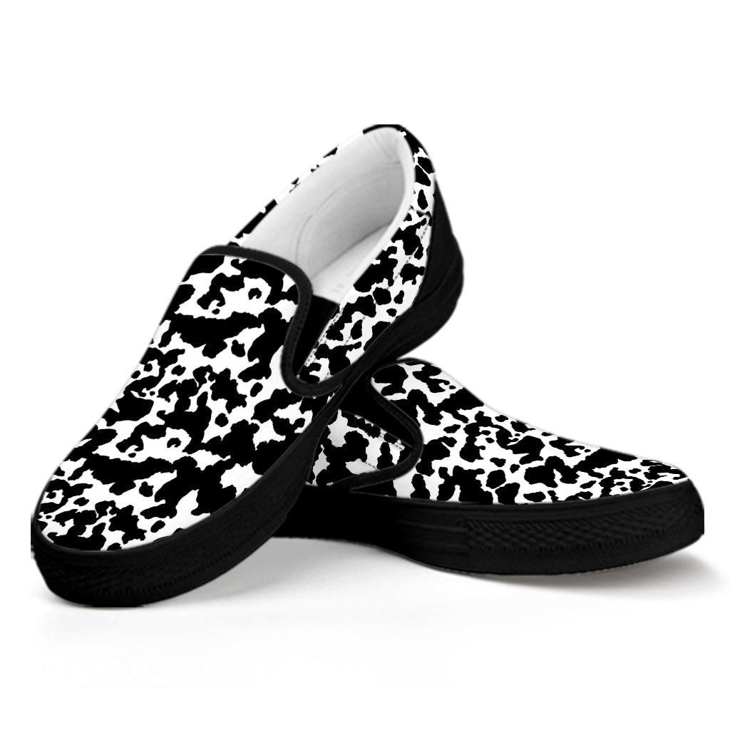 Black And White Cow Pattern Print Black Slip On Shoes