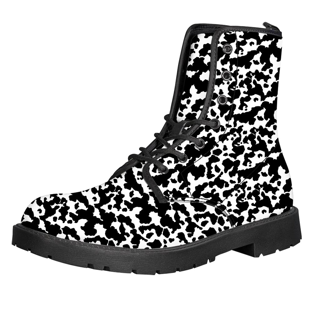 Black And White Cow Pattern Print Leather Boots
