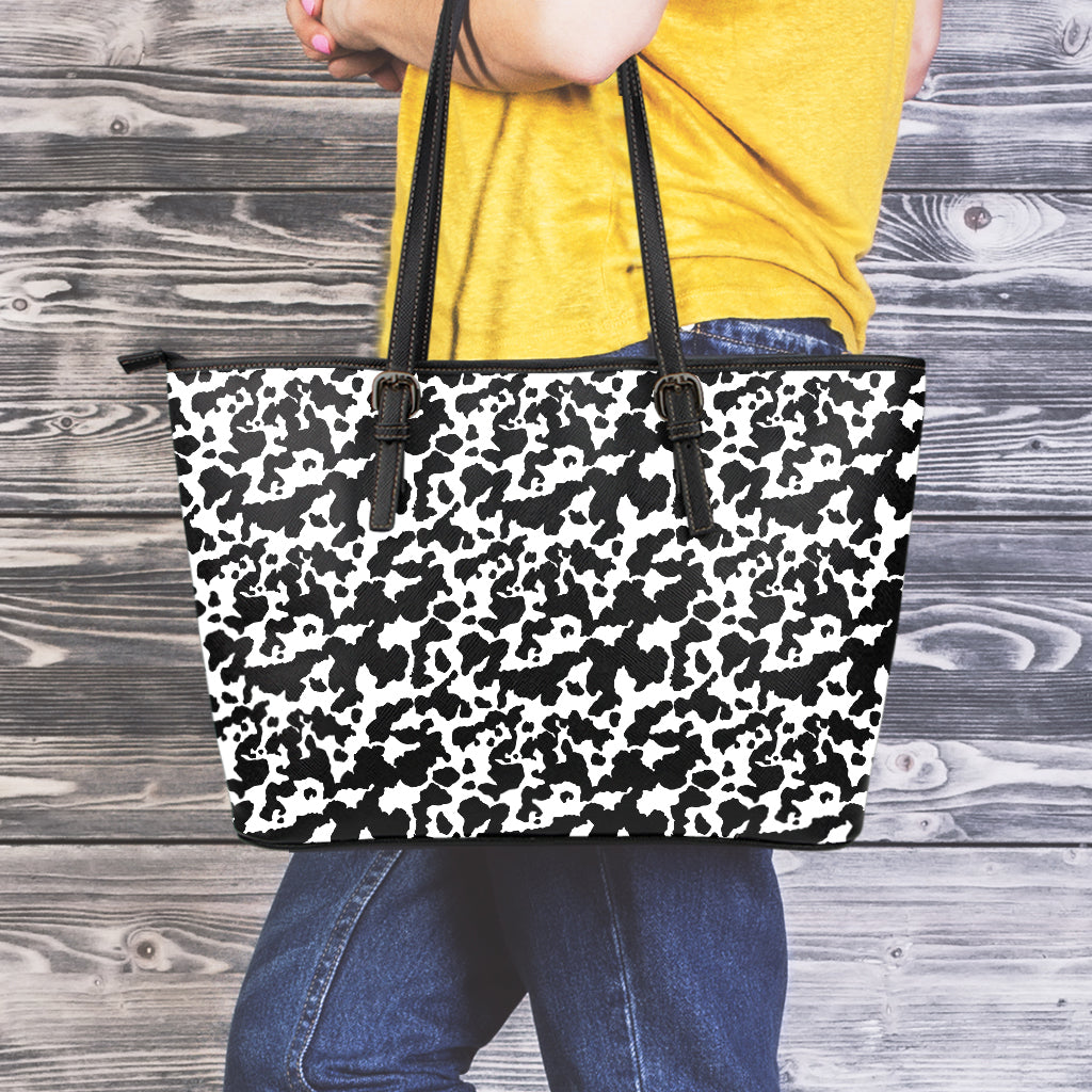 Black And White Cow Pattern Print Leather Tote Bag