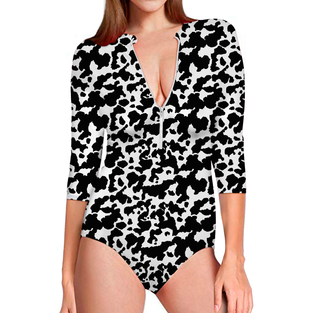 Black And White Cow Pattern Print Long Sleeve One Piece Swimsuit