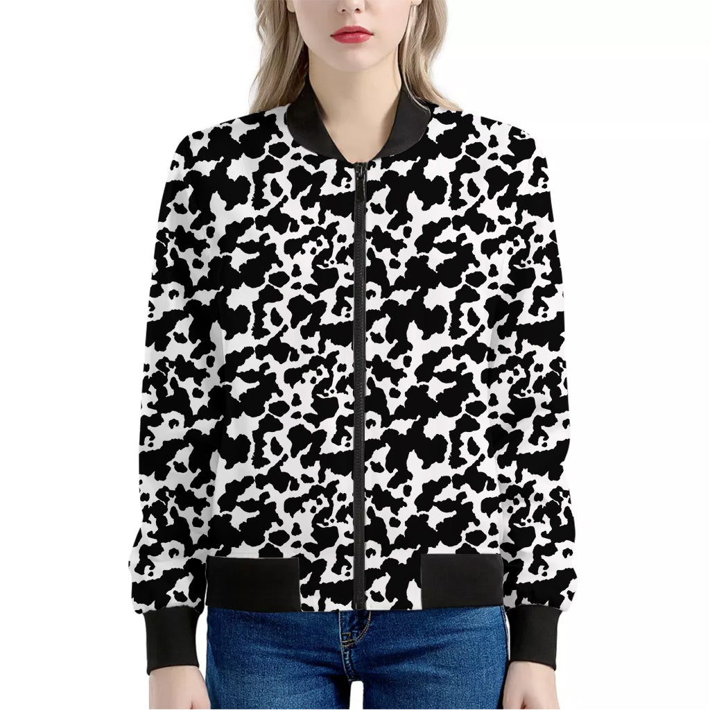 Black And White Cow Pattern Print Women's Bomber Jacket