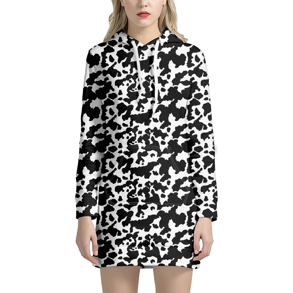 Black And White Cow Pattern Print Women's Pullover Hoodie Dress