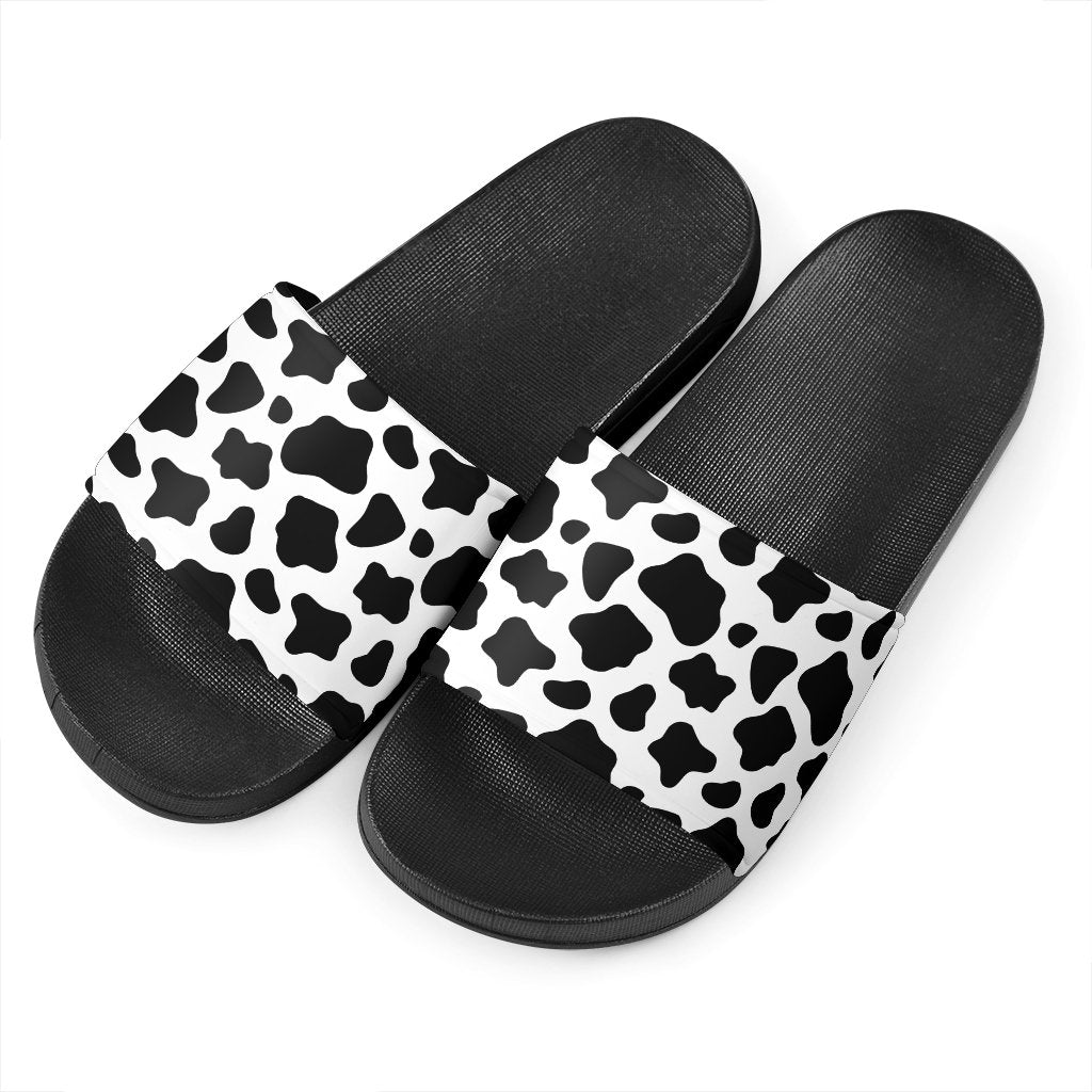 Black And White Cow Print Black Slide Sandals