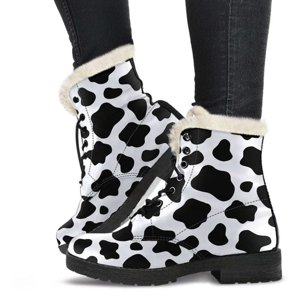 Black And White Cow Print Faux Fur Leather Boots