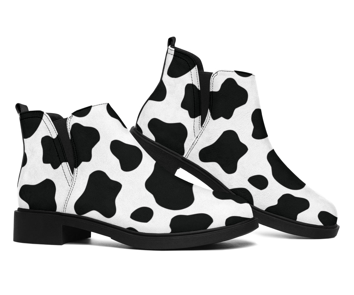 Black And White Cow Print Flat Ankle Boots