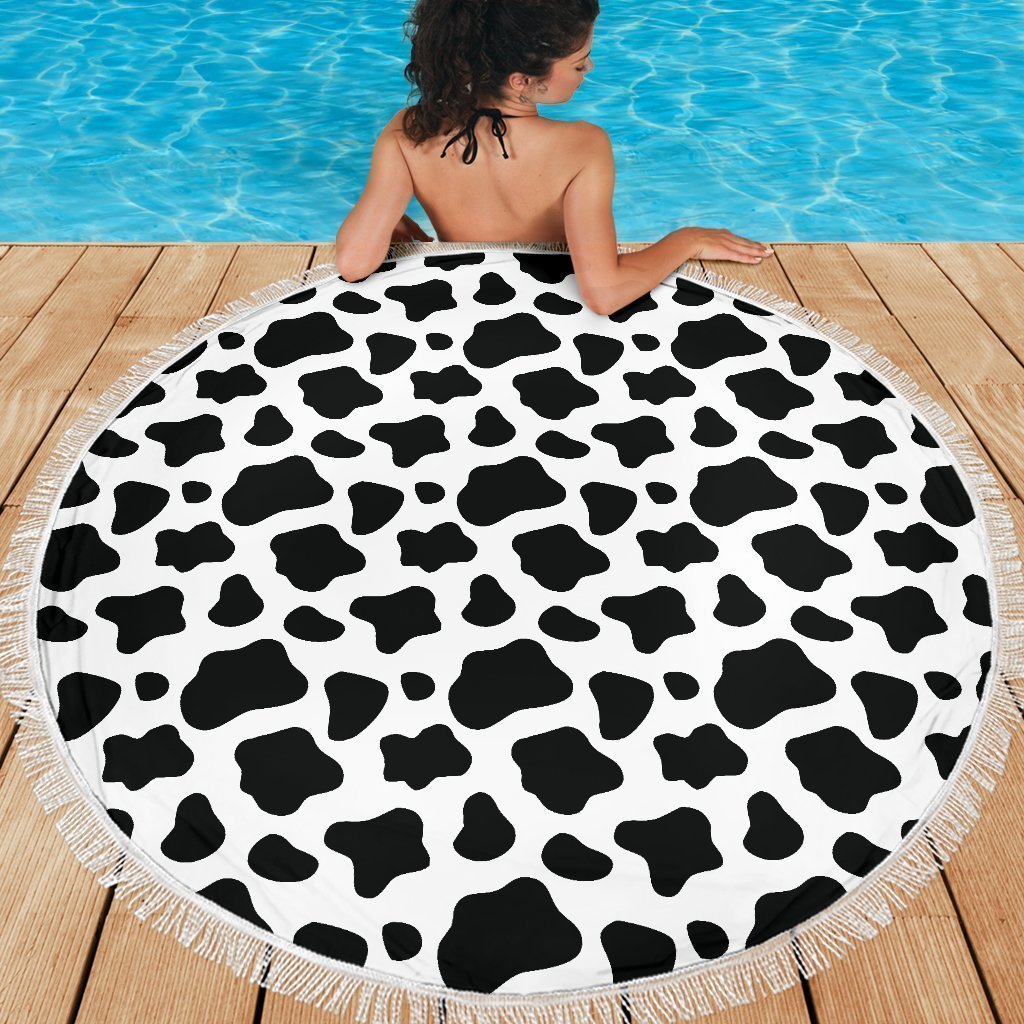 Black And White Cow Print Round Beach Blanket