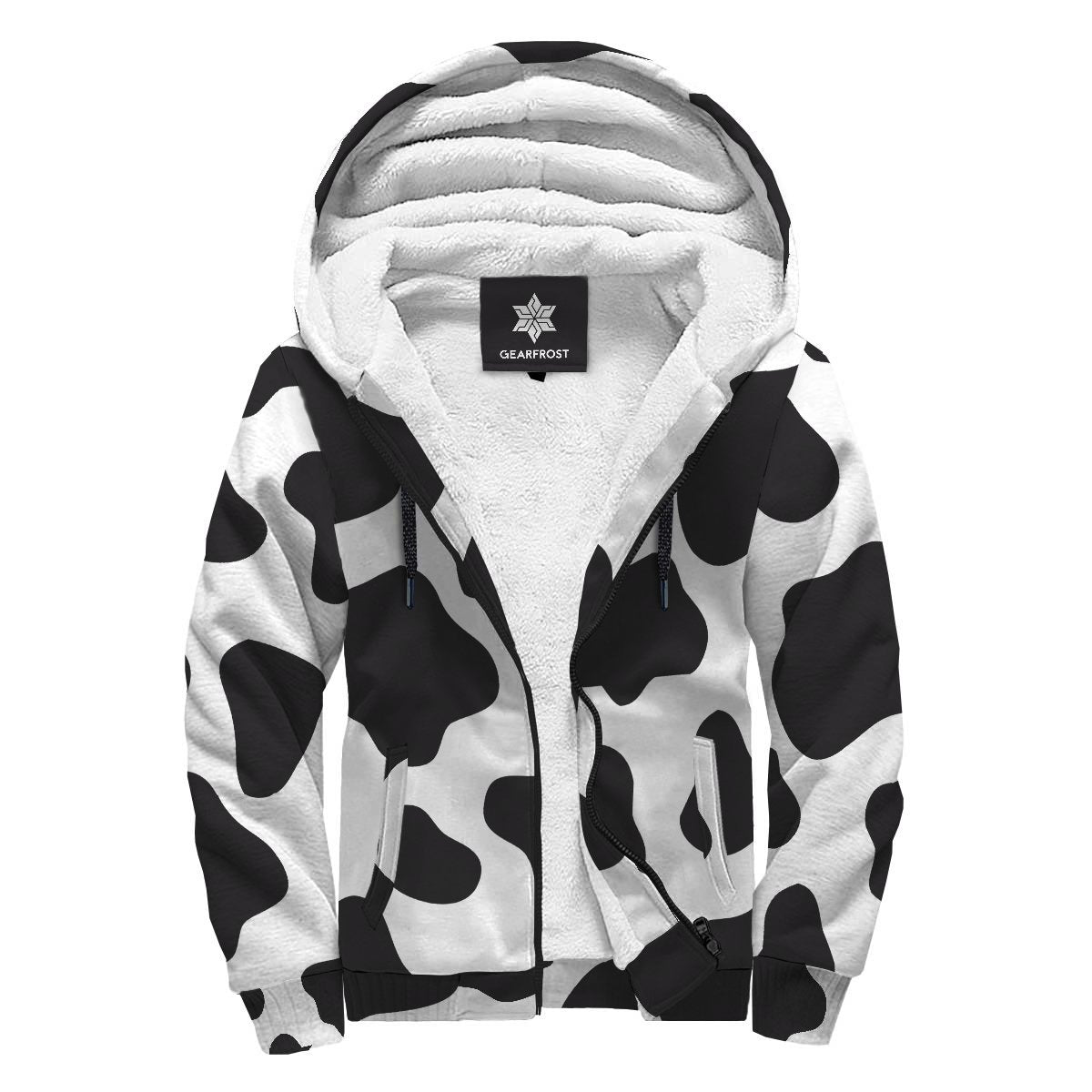 Black And White Cow Print Sherpa Lined Fleece Hoodie