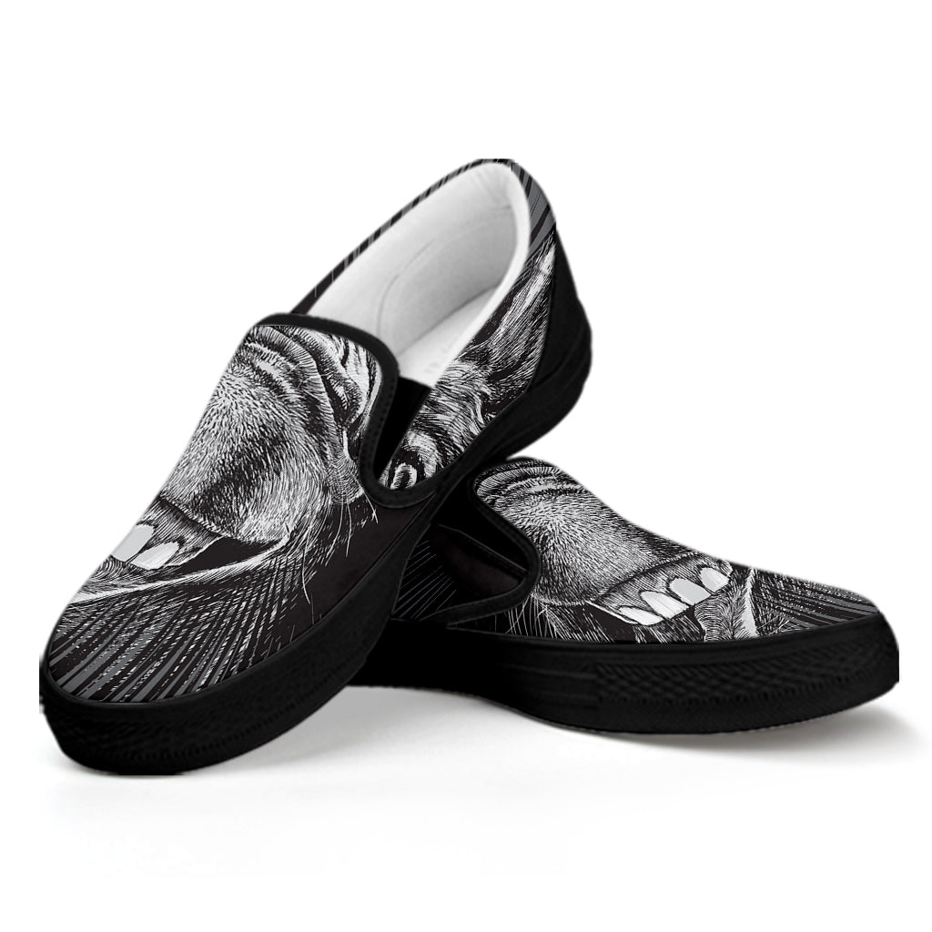 Black And White Crazy Donkey Print Black Slip On Shoes