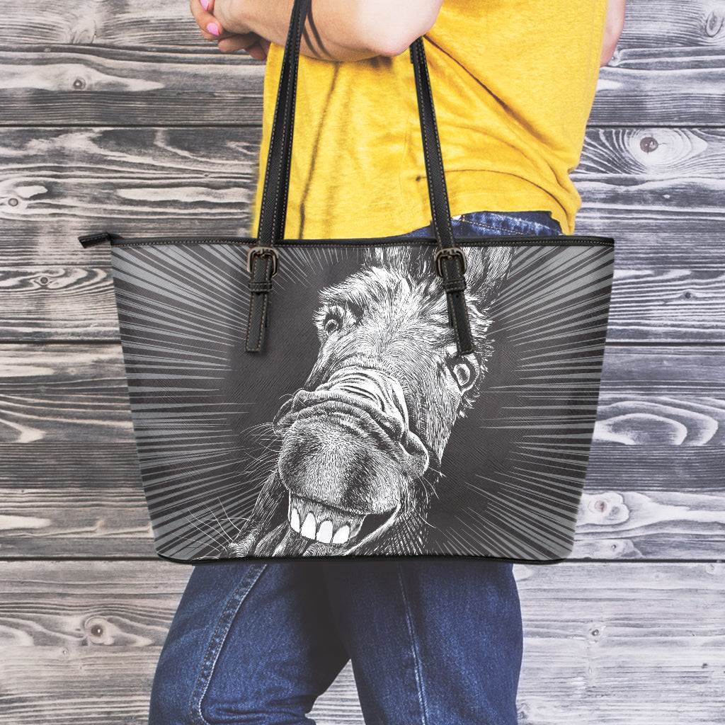 Black And White Crazy Donkey Print Leather Tote Bag