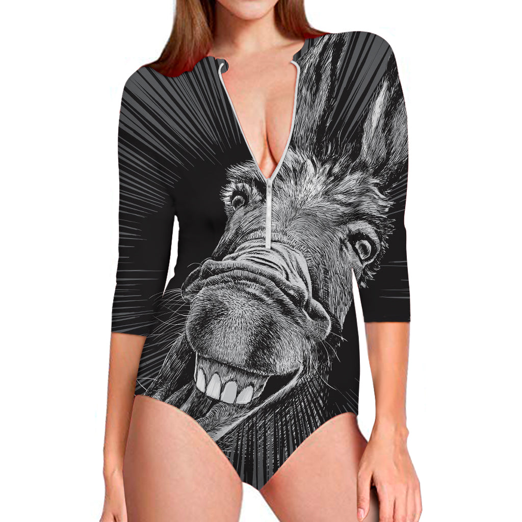 Black And White Crazy Donkey Print Long Sleeve One Piece Swimsuit