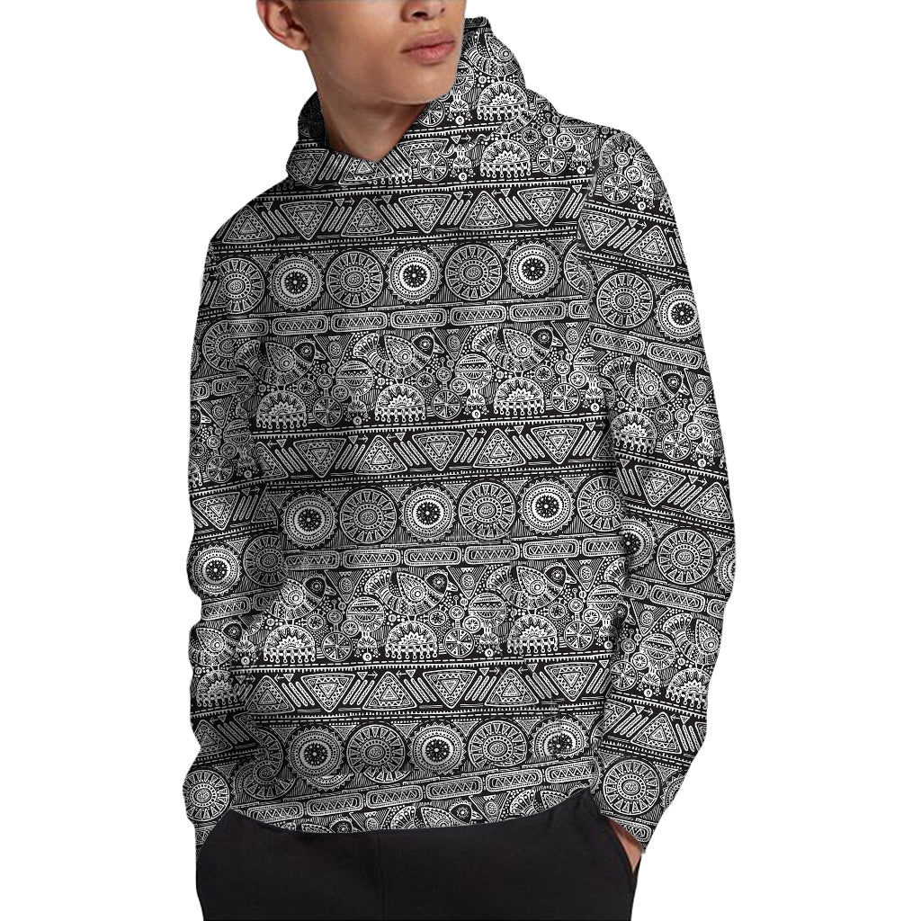 Black And White Ethnic Pattern Print Pullover Hoodie