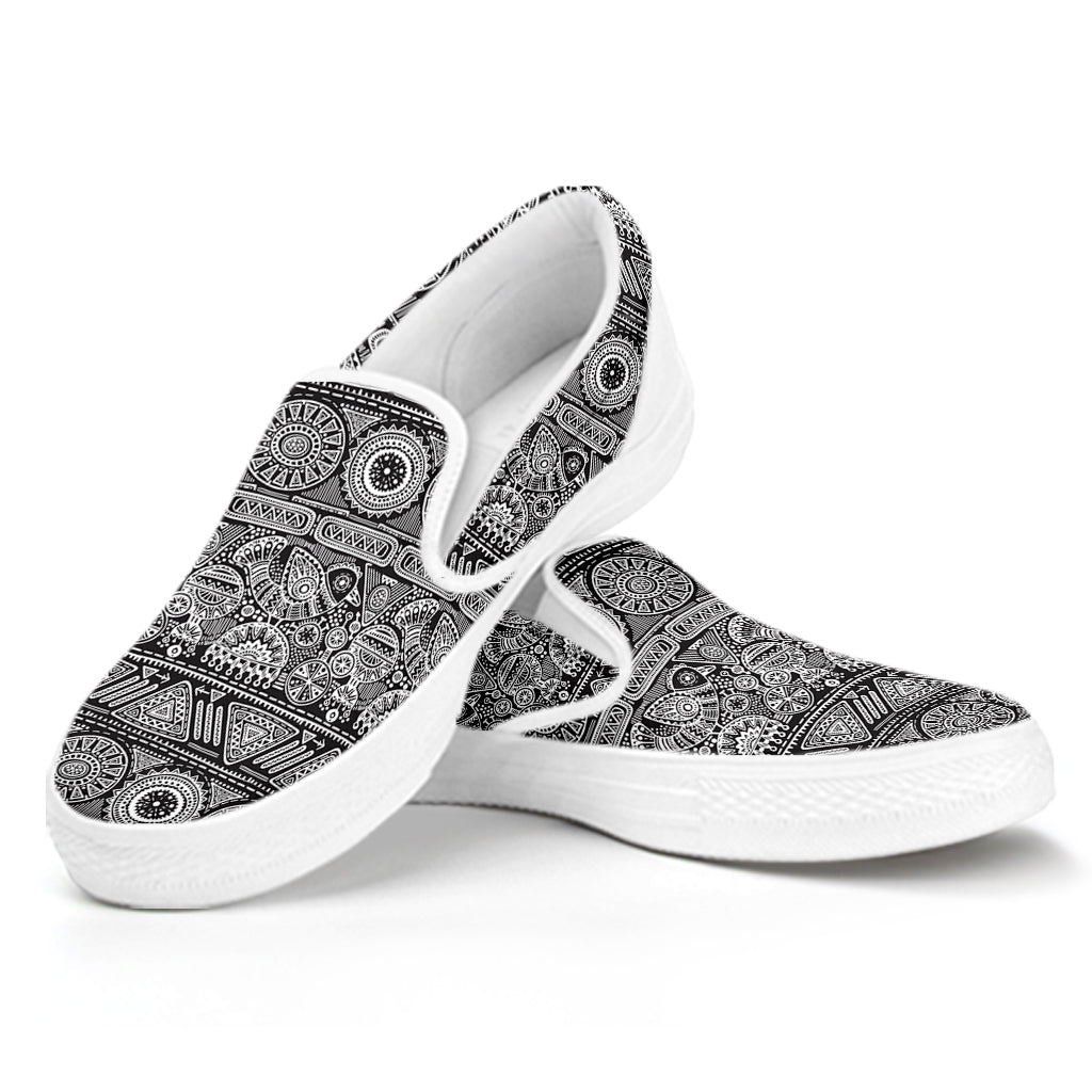 Black And White Ethnic Pattern Print White Slip On Shoes