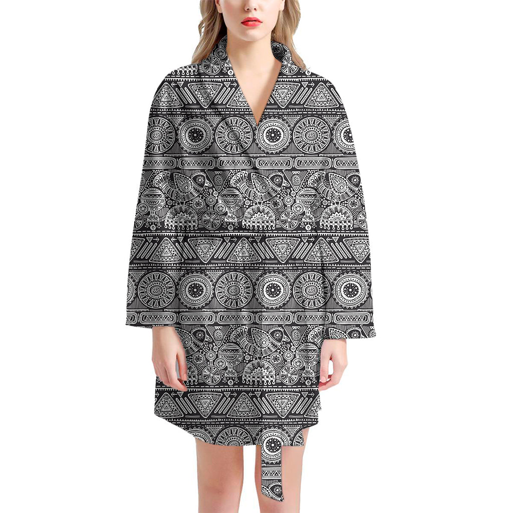 Black And White Ethnic Pattern Print Women's Bathrobe