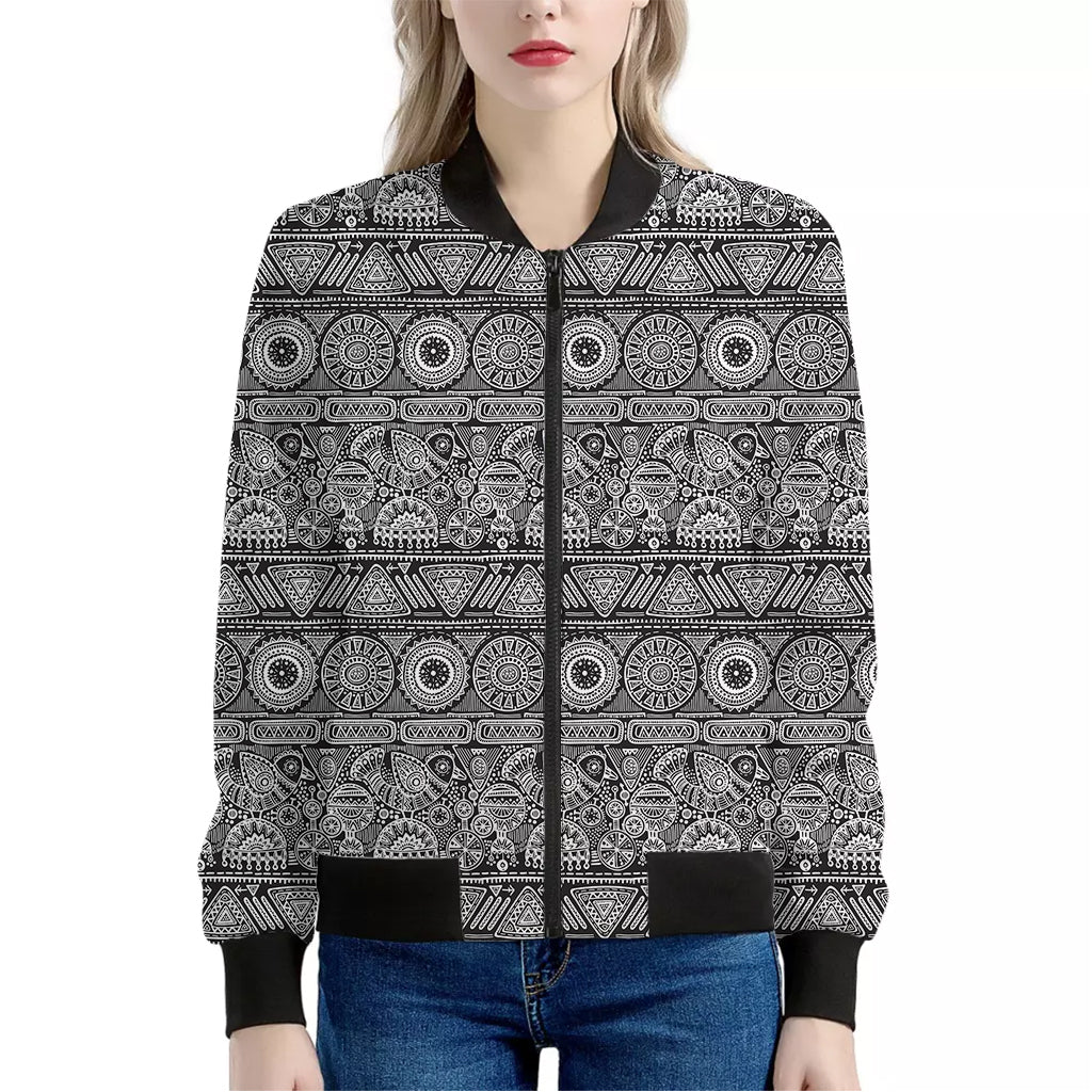 Black And White Ethnic Pattern Print Women's Bomber Jacket