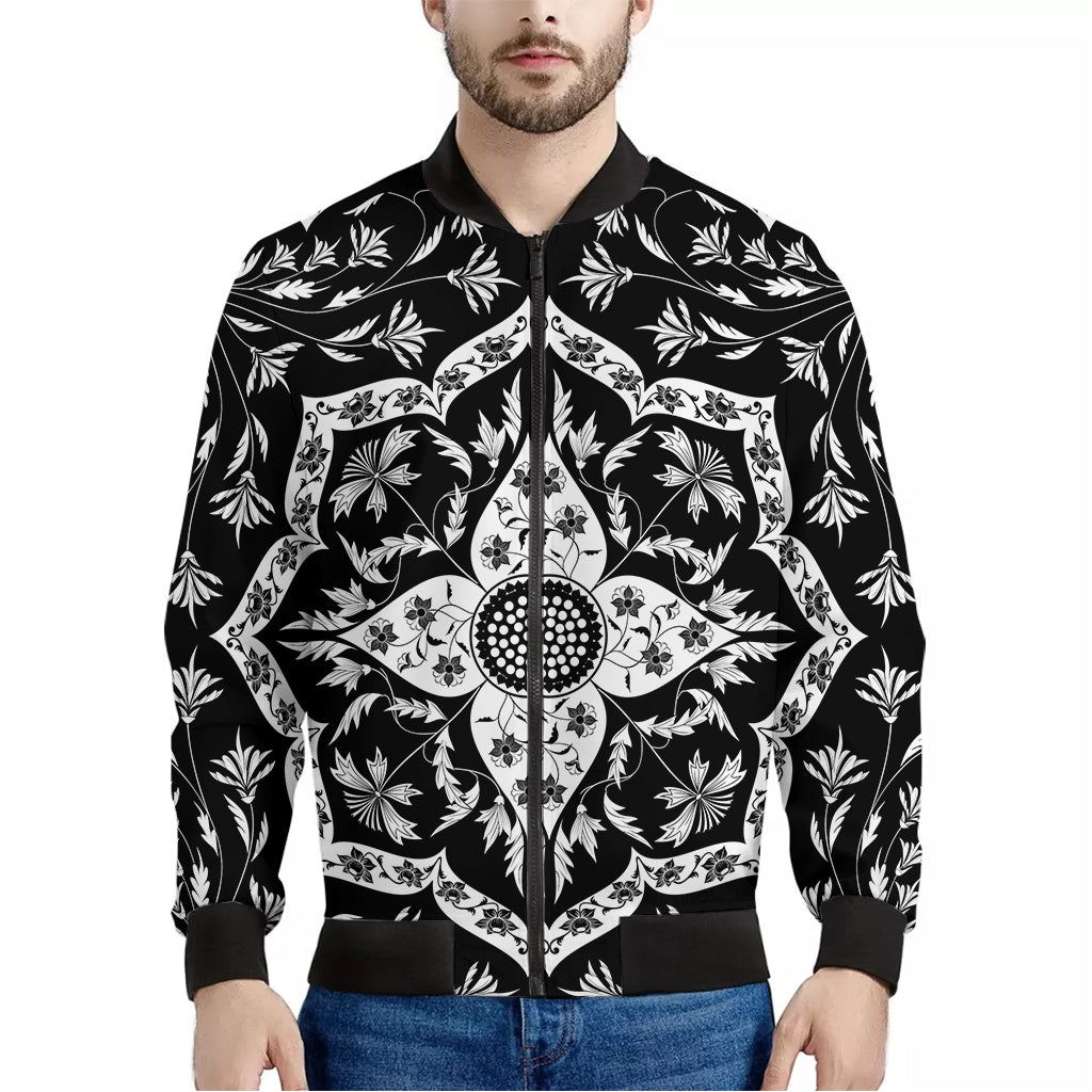 Black And White Lotus Mandala Print Men's Bomber Jacket