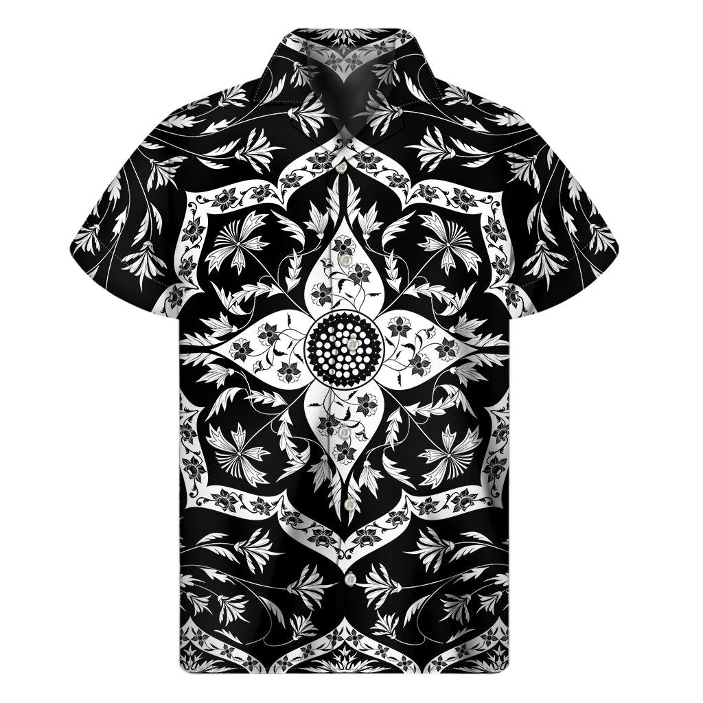 Black And White Lotus Mandala Print Men's Short Sleeve Shirt