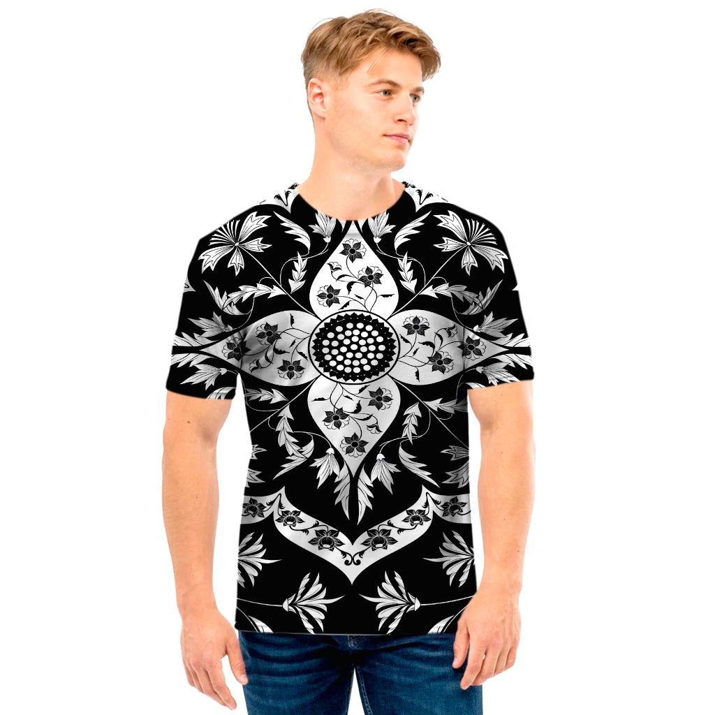 Black And White Lotus Mandala Print Men's T-Shirt
