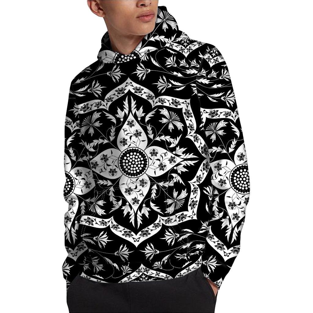 Black And White Lotus Mandala Print Pullover Hoodie