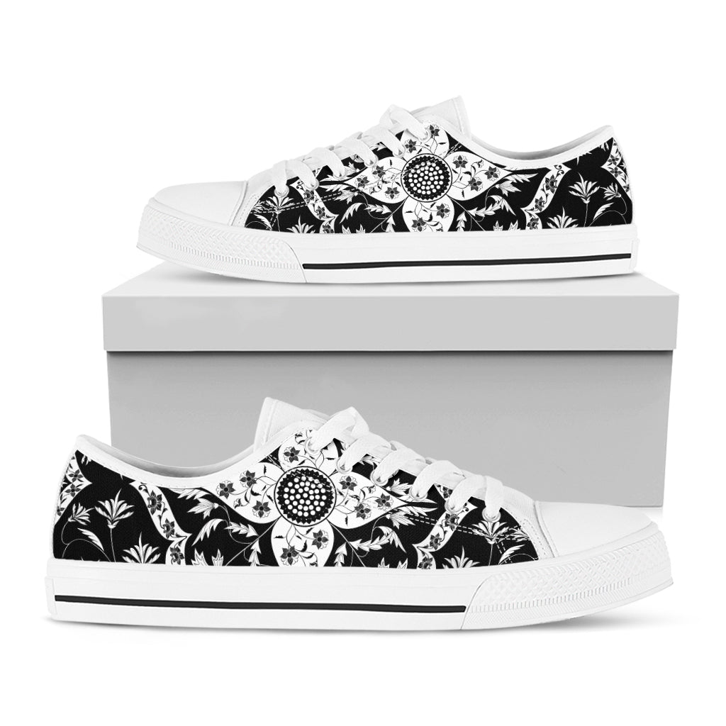Black And White Lotus Mandala Print White Low Top Shoes