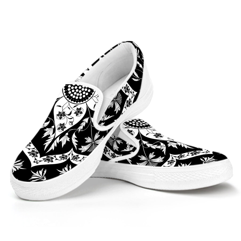 Black And White Lotus Mandala Print White Slip On Shoes