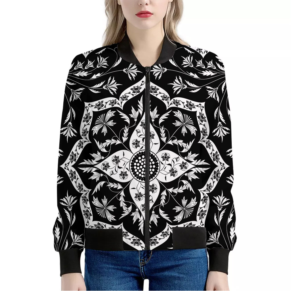 Black And White Lotus Mandala Print Women's Bomber Jacket