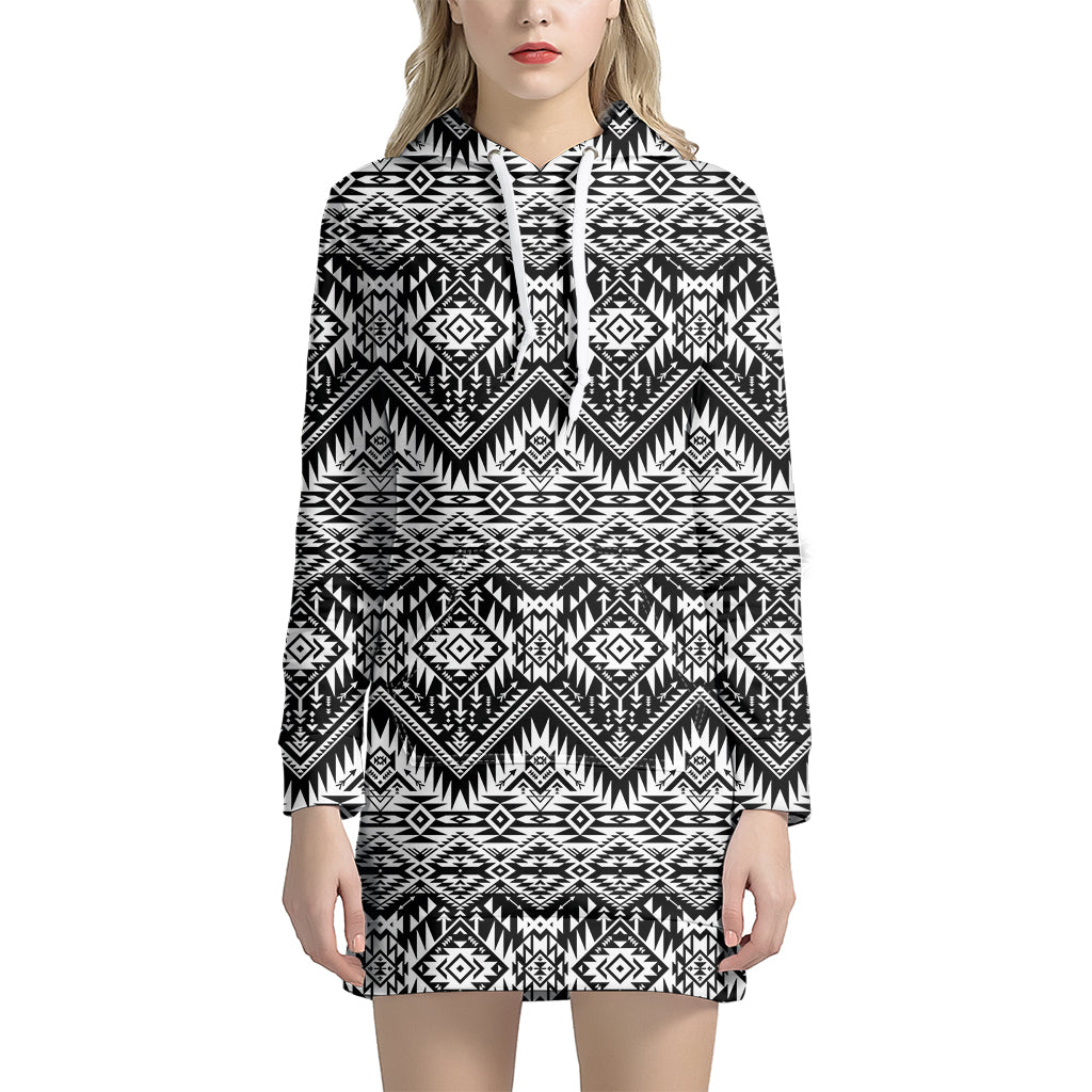 Black And White Navajo Print Women's Pullover Hoodie Dress