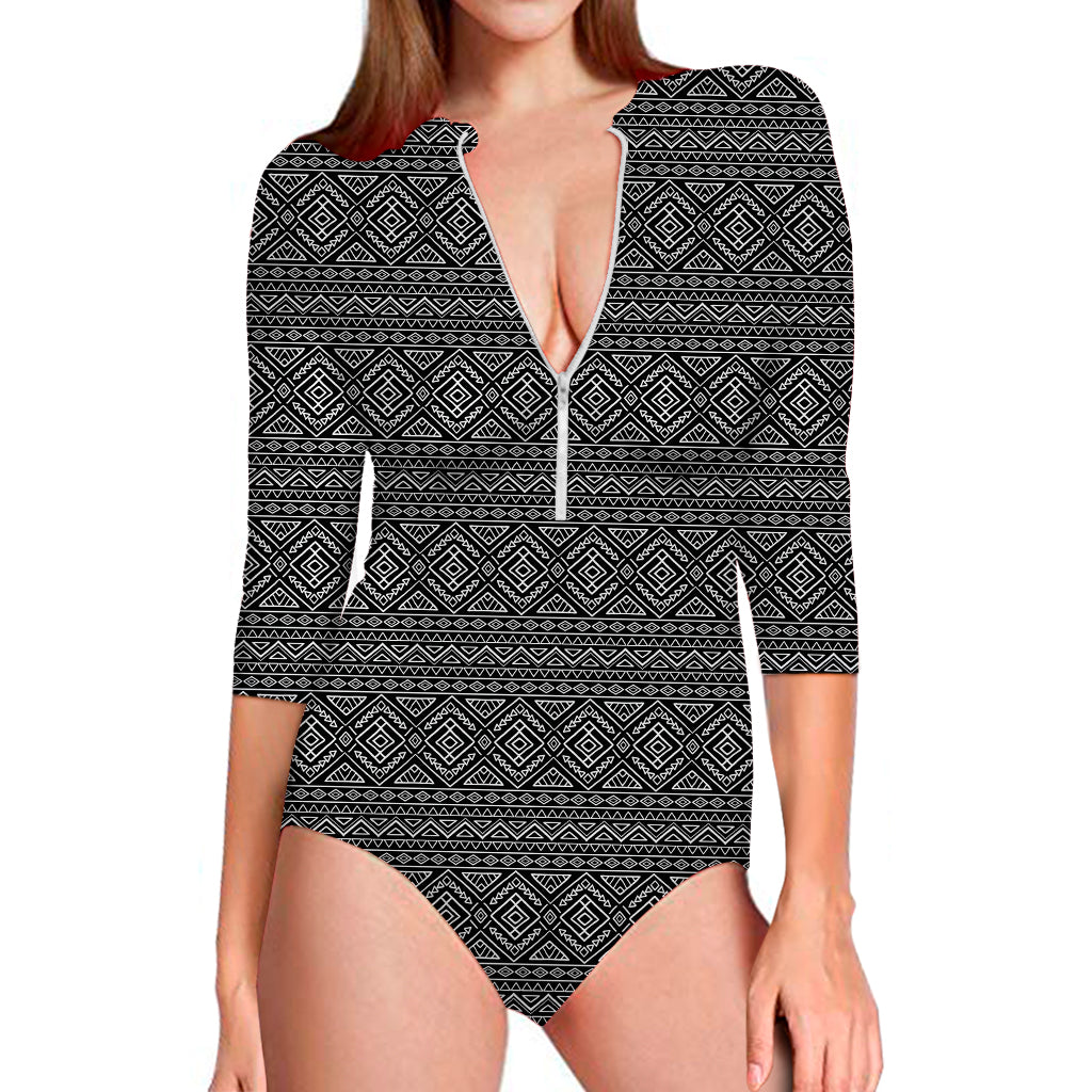 Black And White Navajo Tribal Print Long Sleeve One Piece Swimsuit