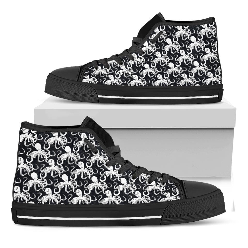 Black And White Octopus Pattern Print Black High Top Shoes