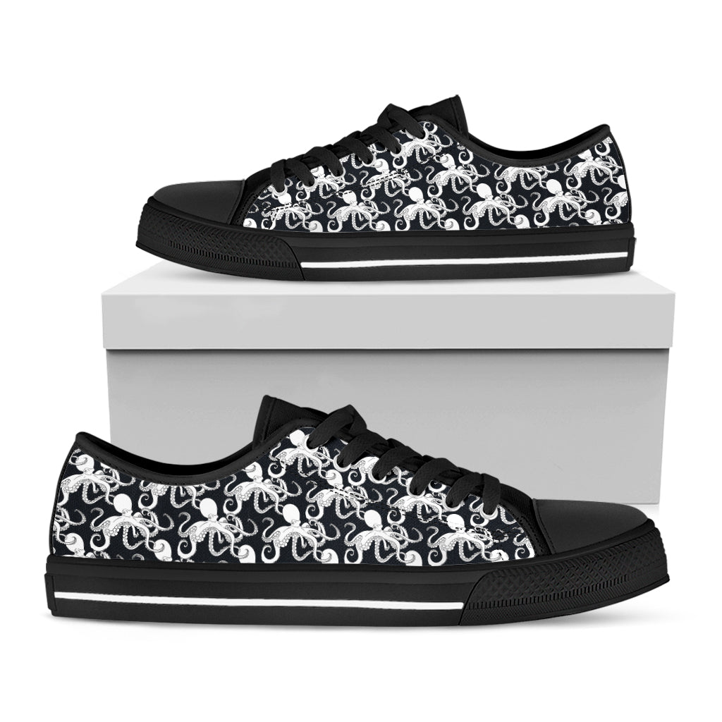 Black And White Octopus Pattern Print Black Low Top Shoes