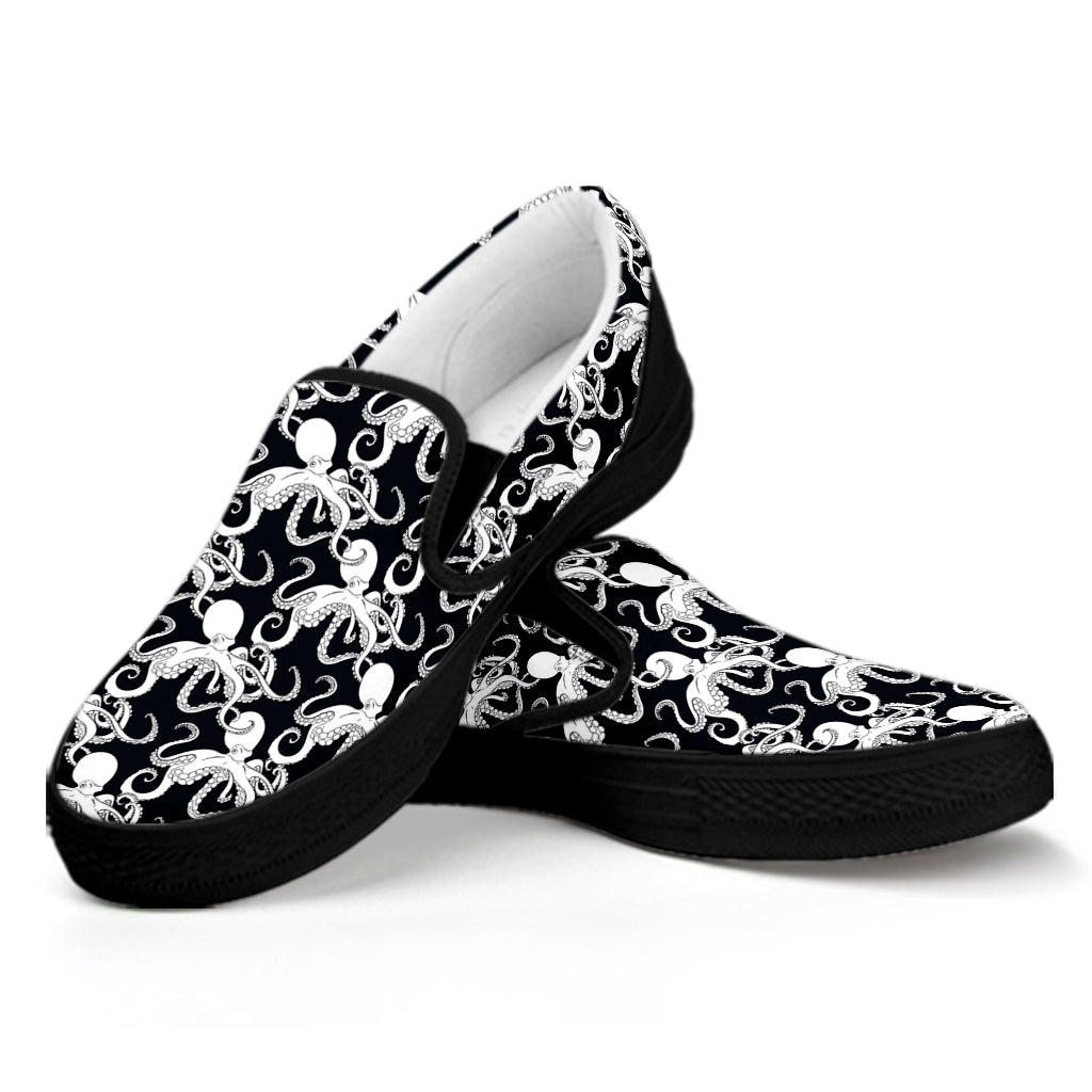 Black And White Octopus Pattern Print Black Slip On Shoes