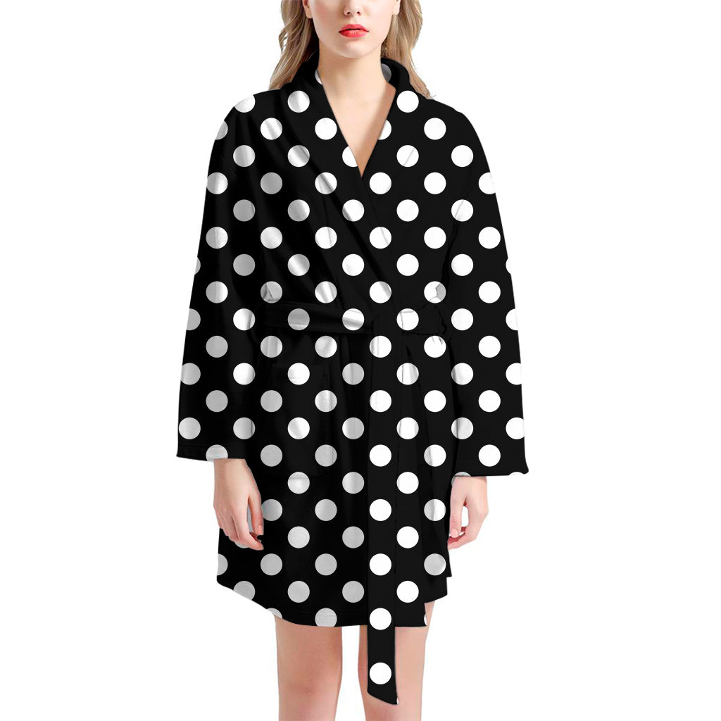 Black And White Polka Dot Pattern Print Women's Bathrobe