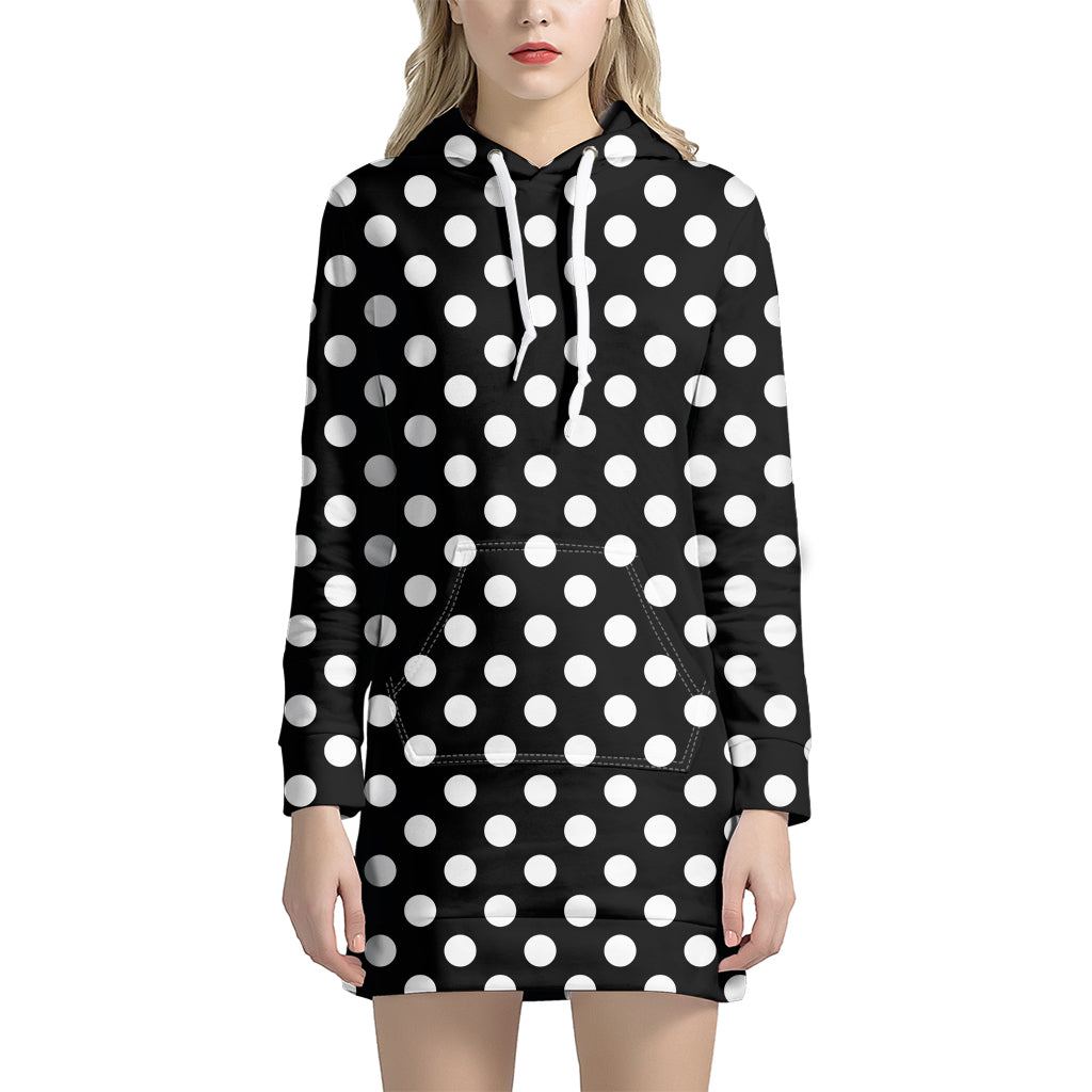 Black And White Polka Dot Pattern Print Women's Pullover Hoodie Dress