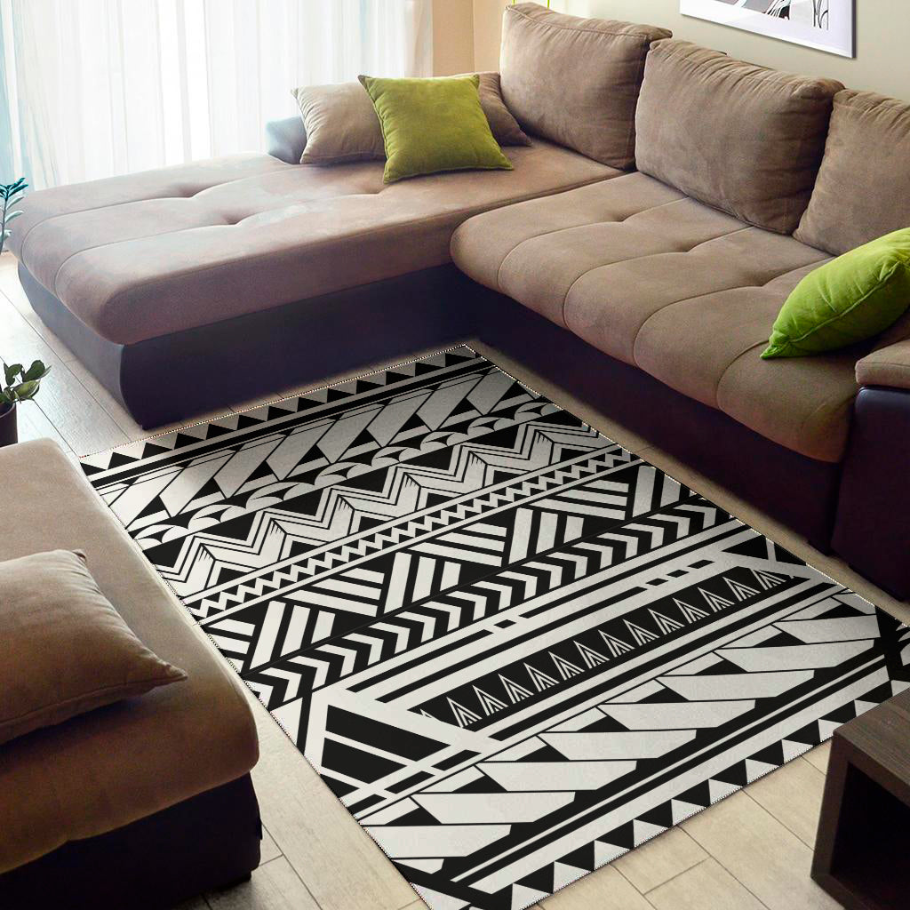 Black And White Polynesian Pattern Print Area Rug