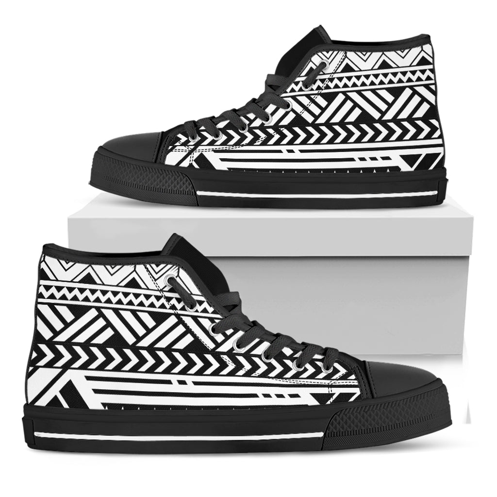 Black And White Polynesian Pattern Print Black High Top Shoes