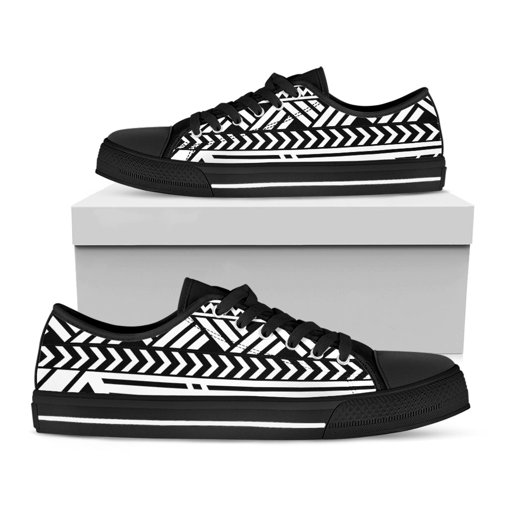 Black And White Polynesian Pattern Print Black Low Top Shoes
