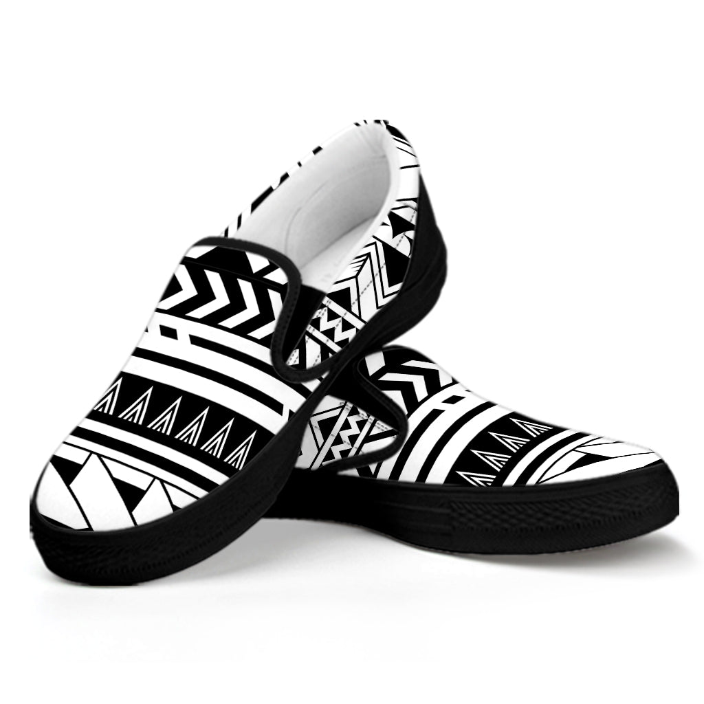 Black And White Polynesian Pattern Print Black Slip On Shoes