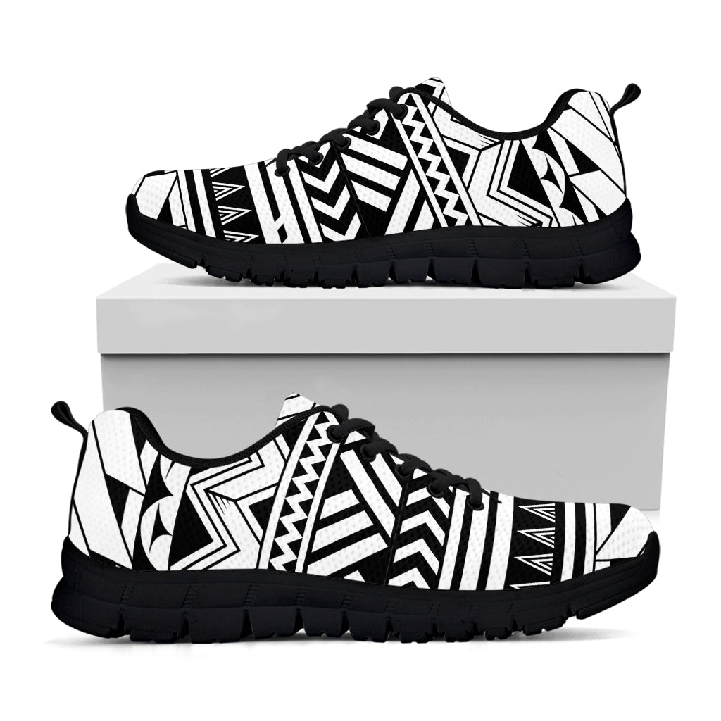 Black And White Polynesian Pattern Print Black Sneakers