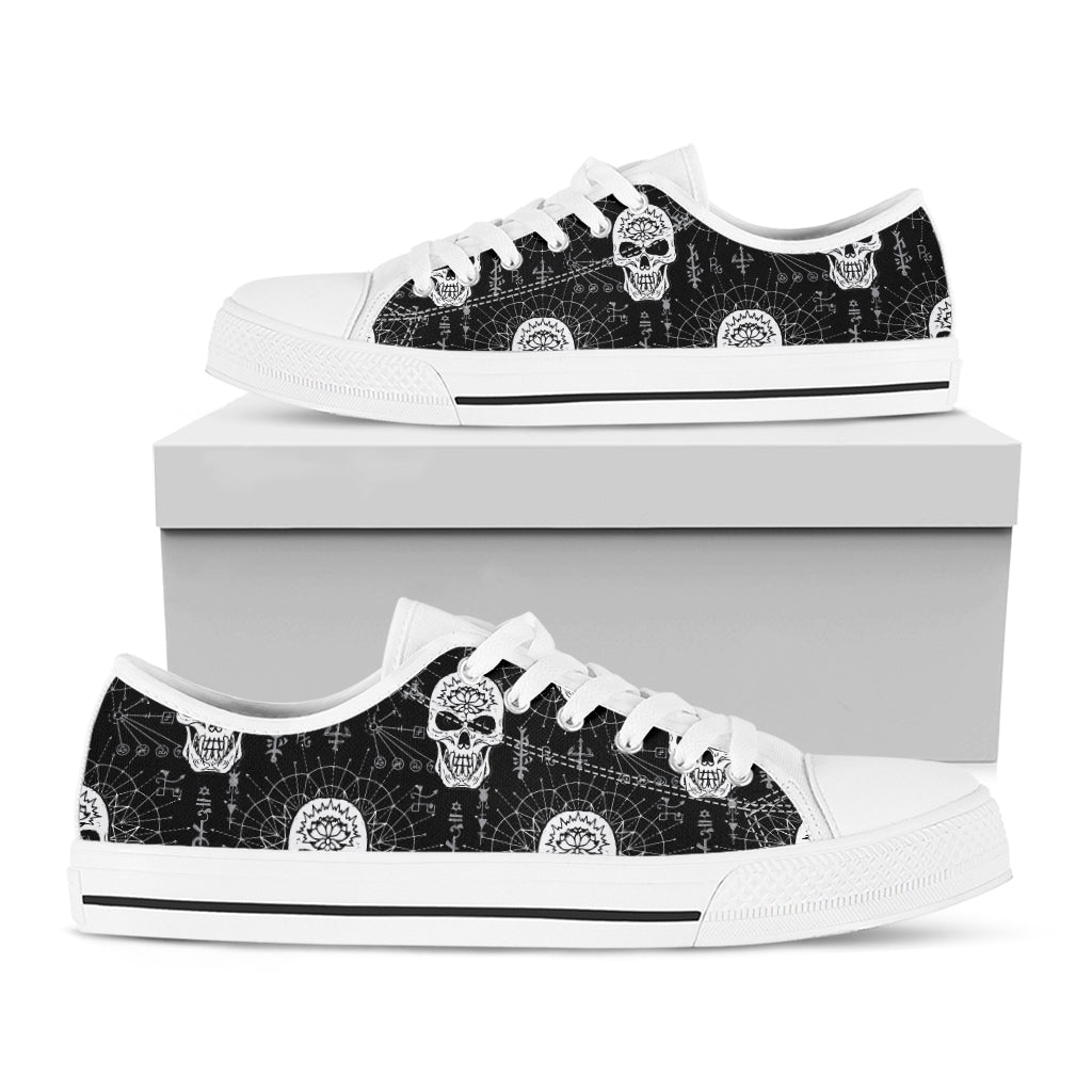 Black And White Wicca Evil Skull Print White Low Top Shoes