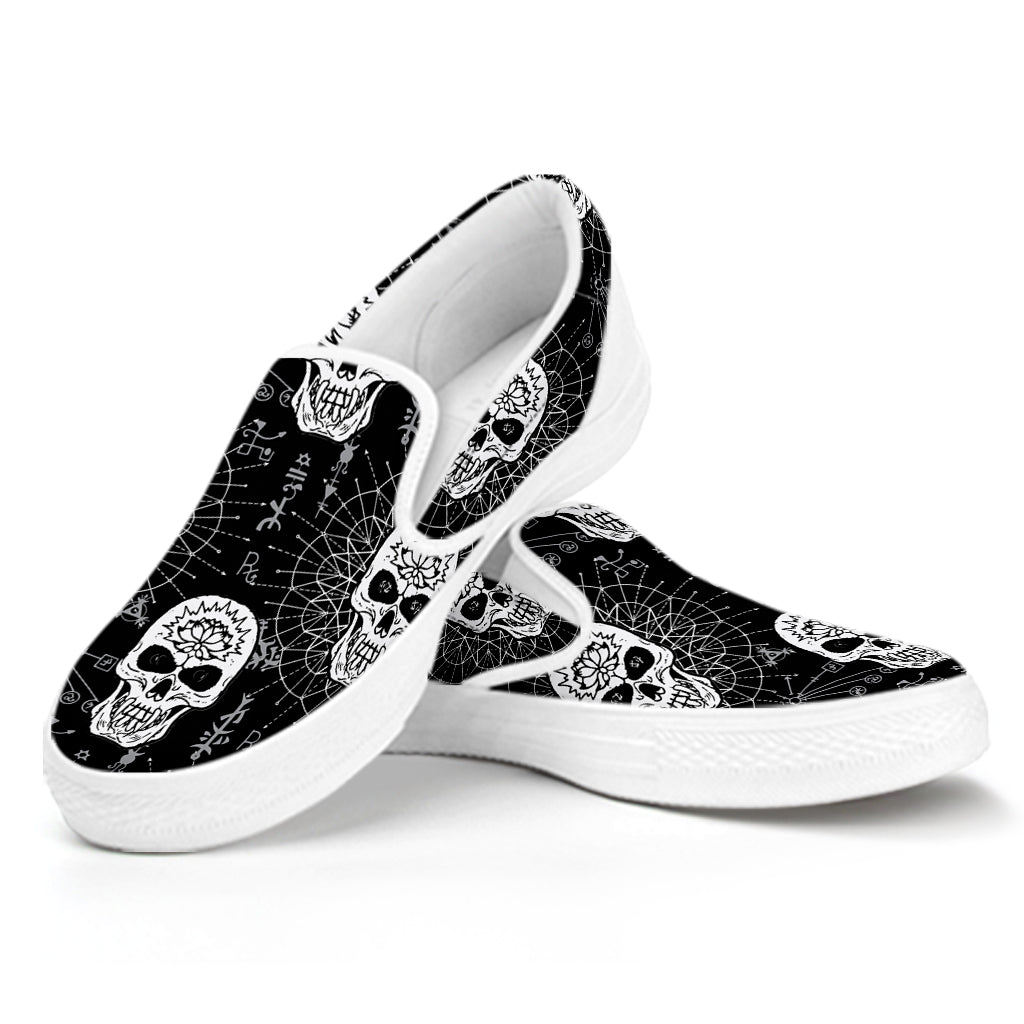 Black And White Wicca Evil Skull Print White Slip On Shoes