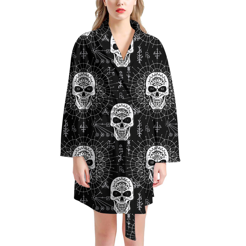 Black And White Wicca Evil Skull Print Women's Bathrobe