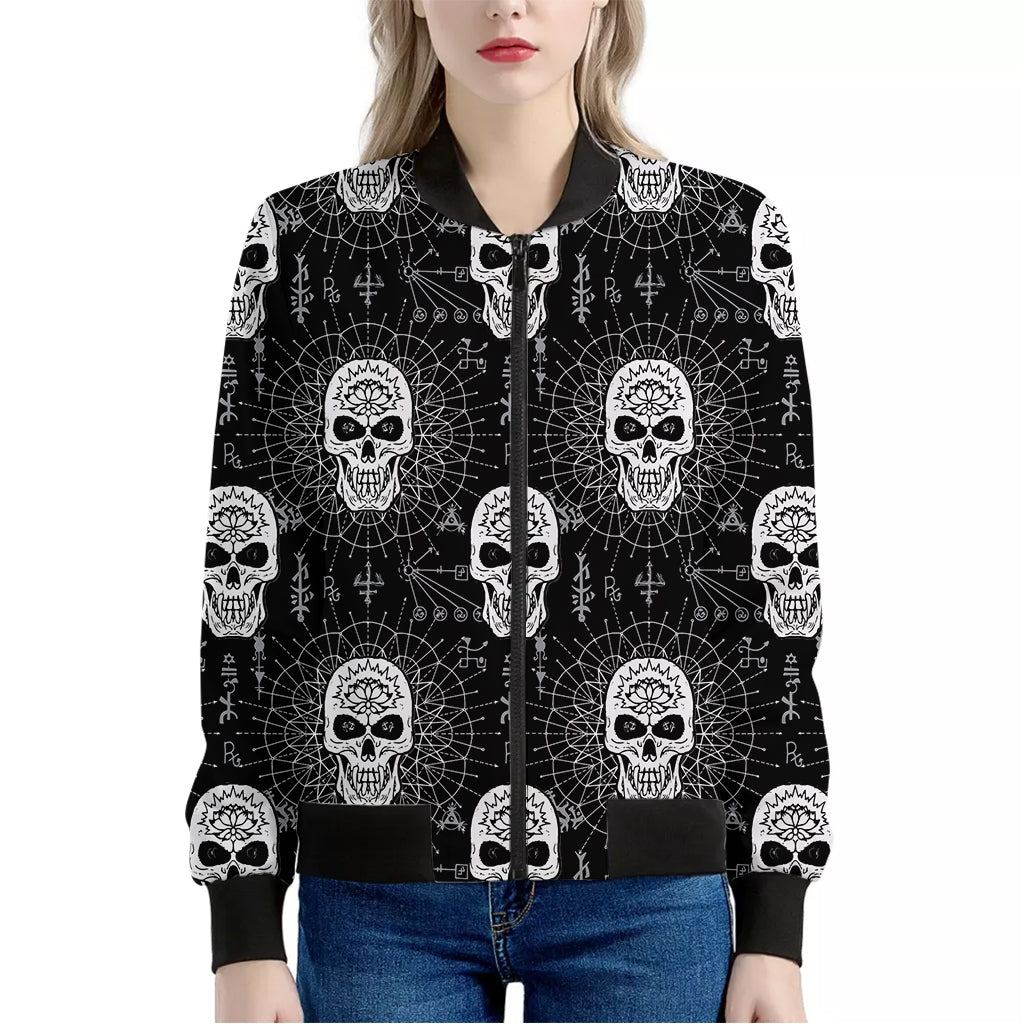 Black And White Wicca Evil Skull Print Women's Bomber Jacket