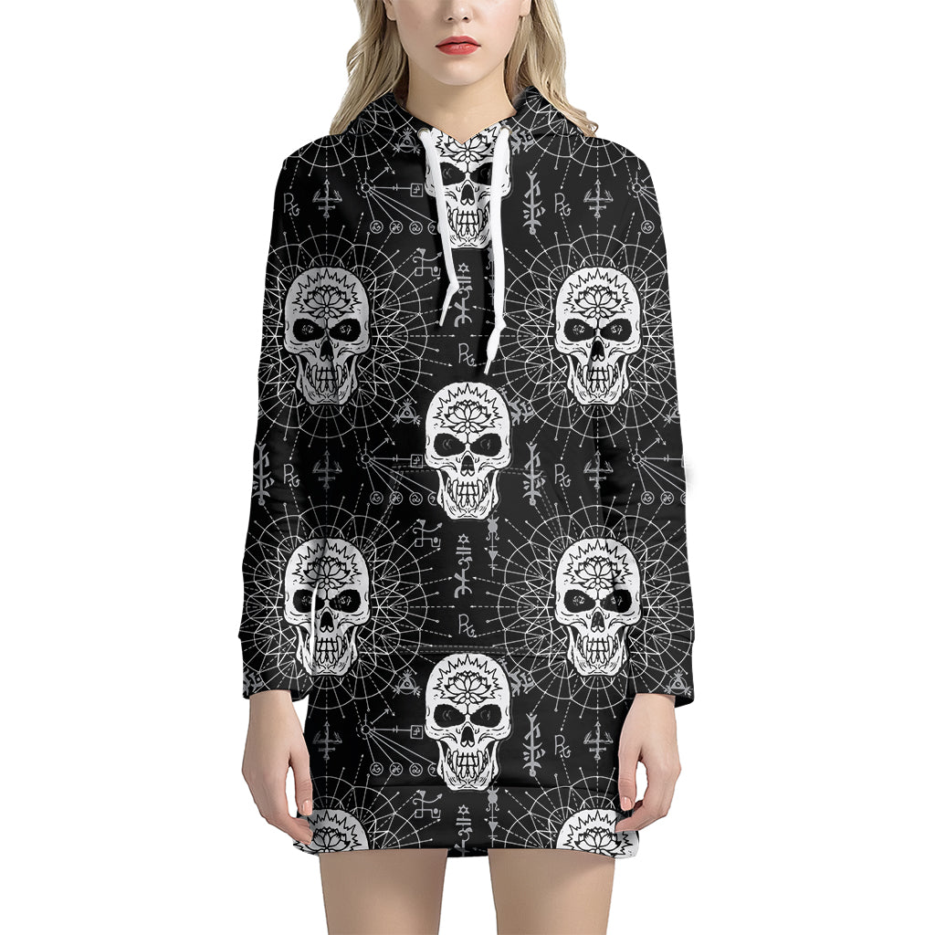 Black And White Wicca Evil Skull Print Women's Pullover Hoodie Dress