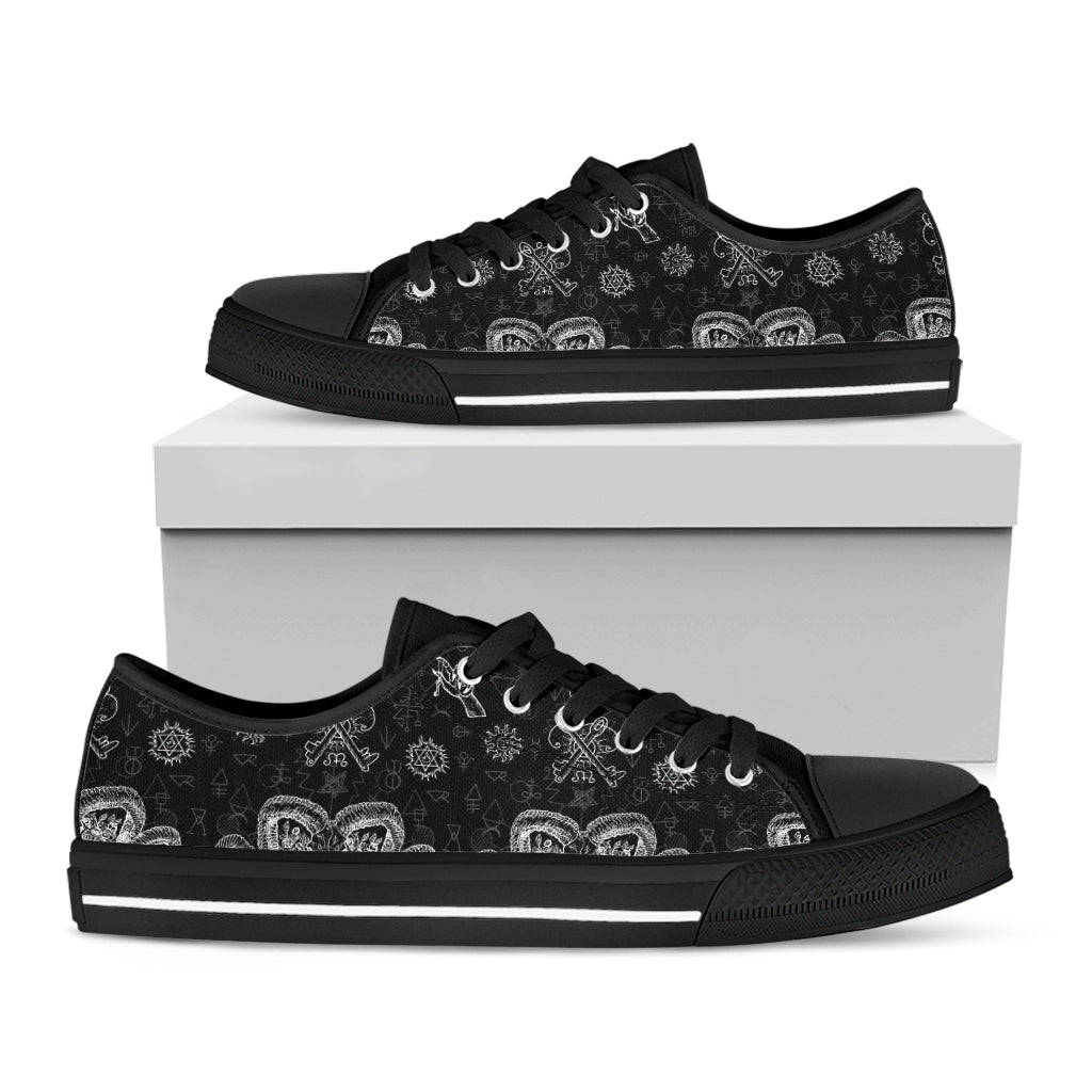 Black And White Wicca Gothic Print Black Low Top Shoes