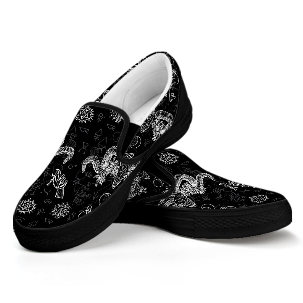 Black And White Wicca Gothic Print Black Slip On Shoes