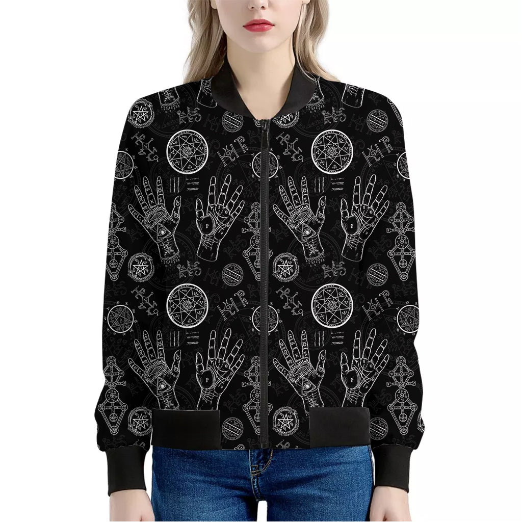 Black And White Wiccan Palmistry Print Women's Bomber Jacket