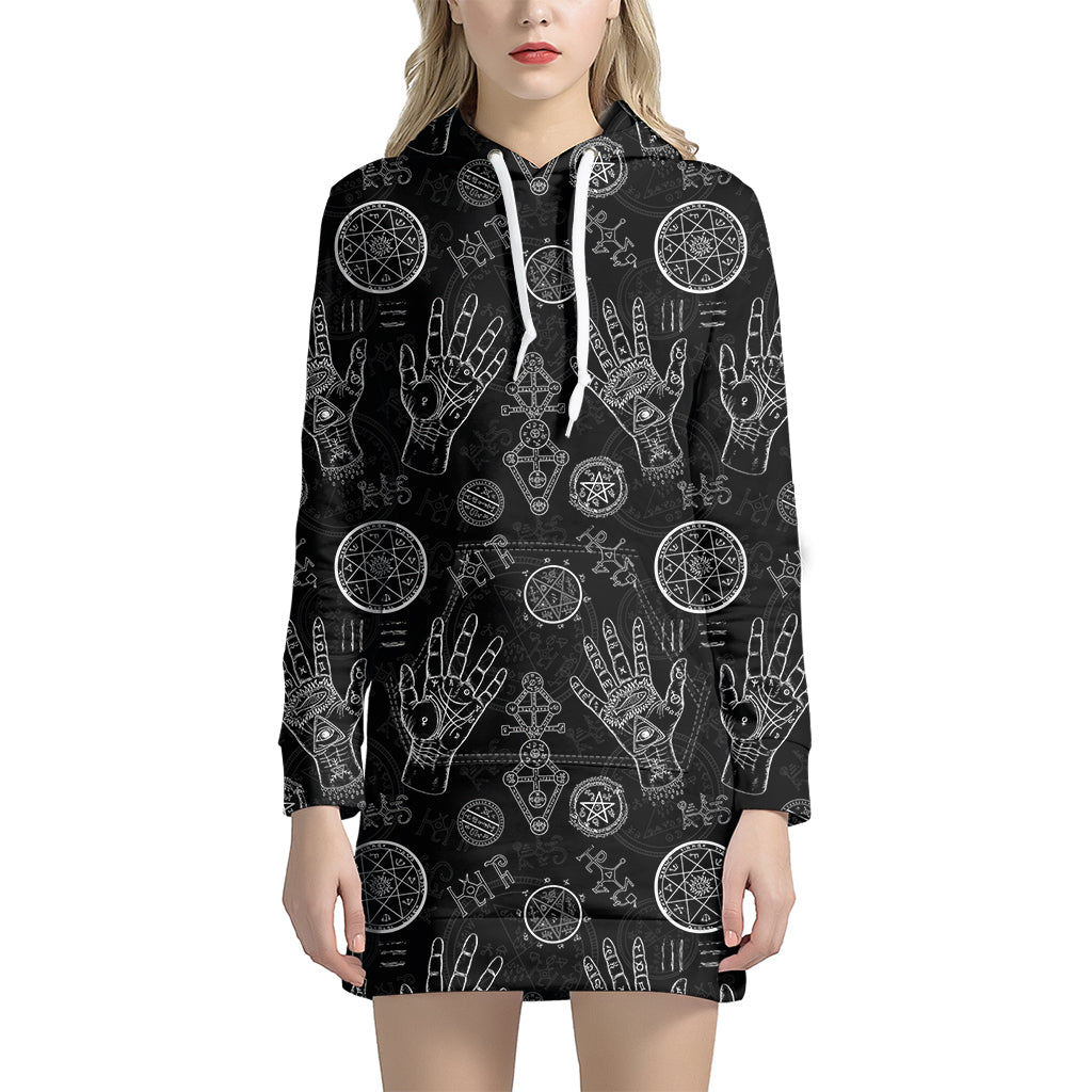 Black And White Wiccan Palmistry Print Women's Pullover Hoodie Dress