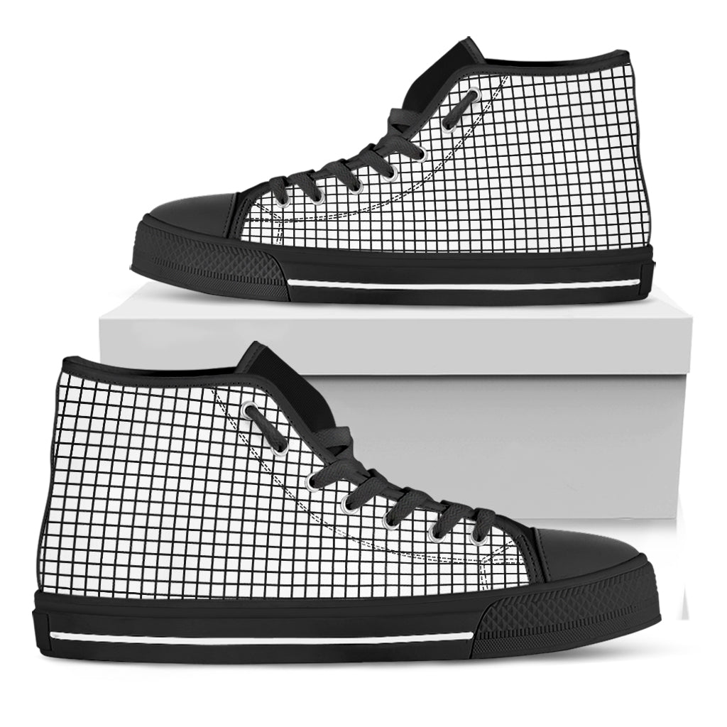 Black And White Windowpane Pattern Print Black High Top Shoes